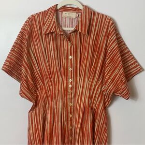 Anthropologie’s Exquise Rust Red and Cream Striped A-Lined Midi Shirt Dress • XL